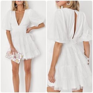 Lulu's Elegant White Puff Sleeve Mini Dress
